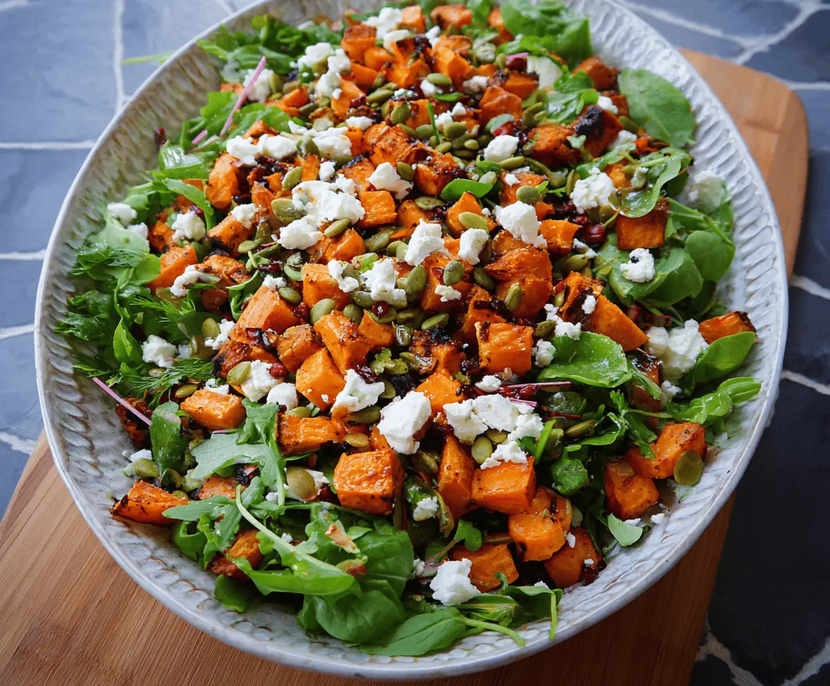 Delicious sweet potato and feta salad with fresh greens and a tangy dressing.
