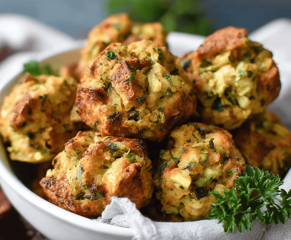 Golden-brown turkey stuffing balls served on a platter, perfect for a festive holiday appetizer.