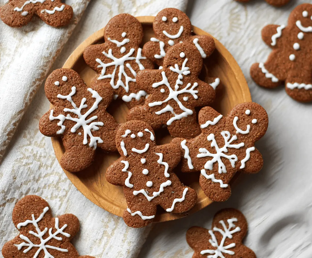 Vegan gingerbread cookies on a festive plate with holiday decorations.