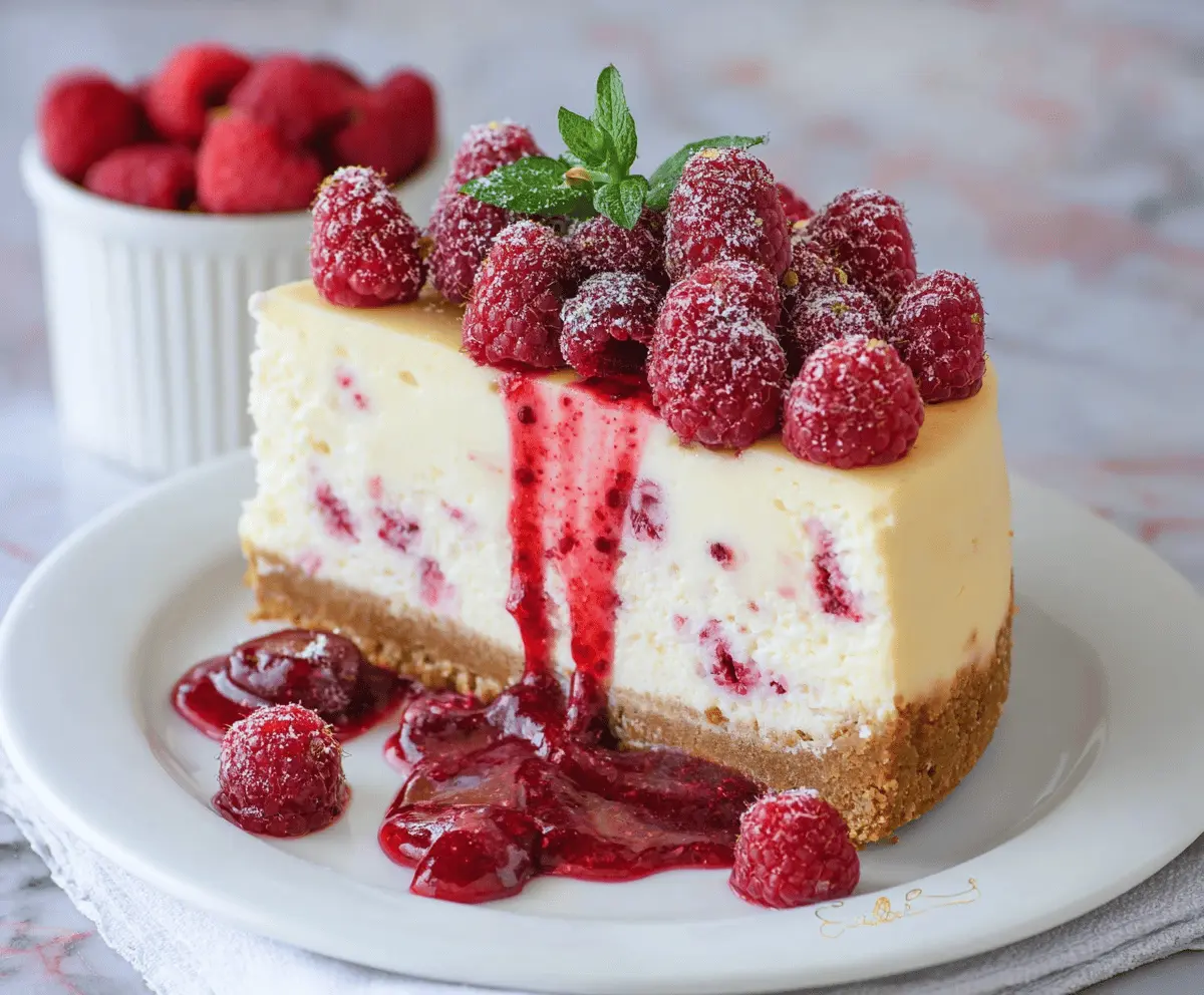Delicious white chocolate raspberry cheesecake with a creamy topping and fresh raspberries.
