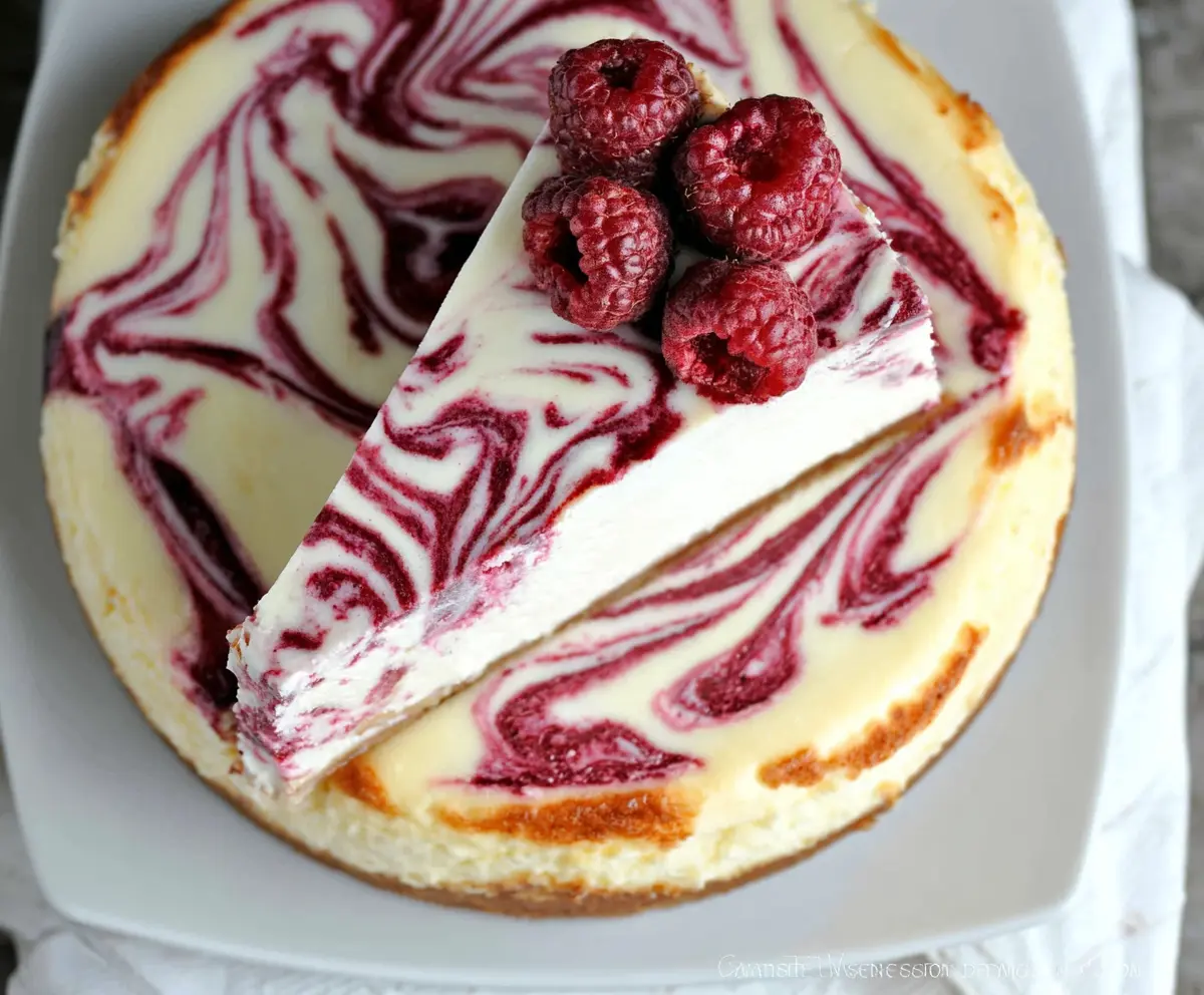 Decadent white chocolate raspberry swirl cheesecake garnished with fresh raspberries and white chocolate shavings.