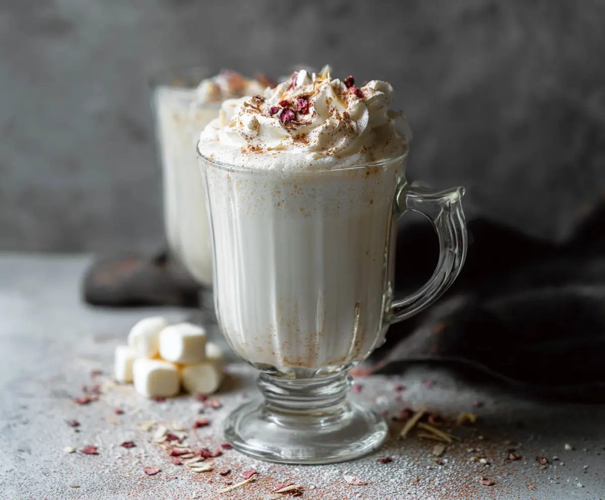 Creamy white hot chocolate topped with whipped cream and marshmallows, perfect for cozy winter evenings.