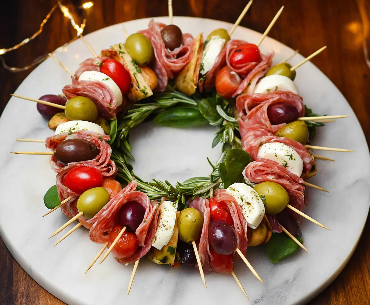 Colorful antipasto wreath skewers with cured meats, cheese, and vegetables for a festive appetizer.