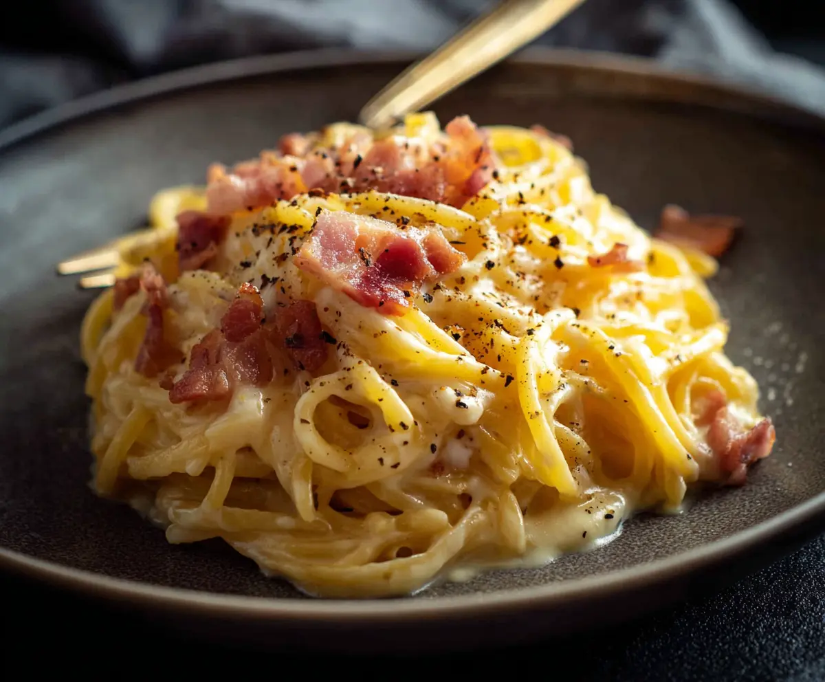 Delicious authentic pasta carbonara served with creamy sauce and crispy pancetta on a rustic plate.