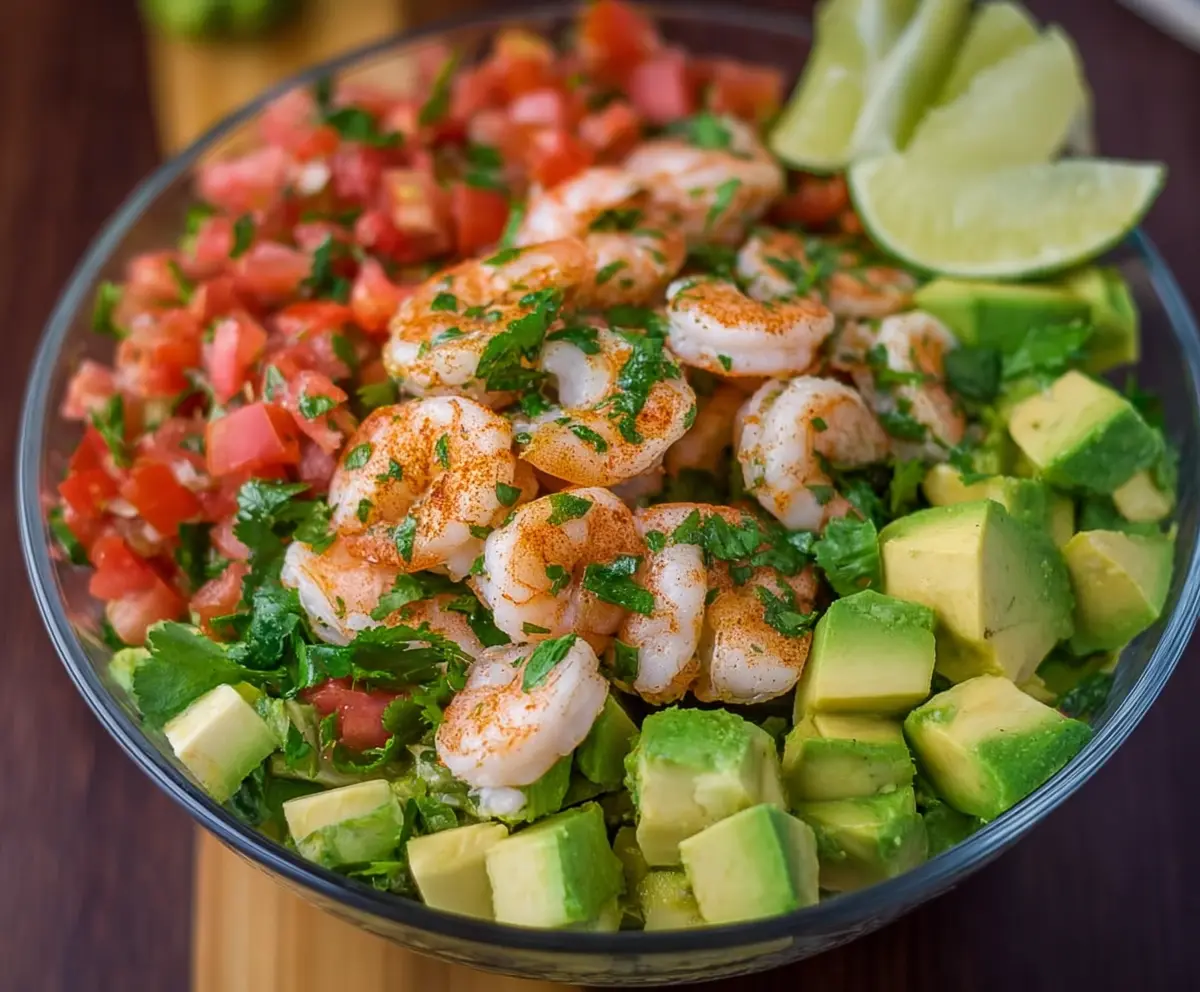 Fresh avocado salsa shrimp salad served in a bowl with vibrant ingredients and garnished with herbs.