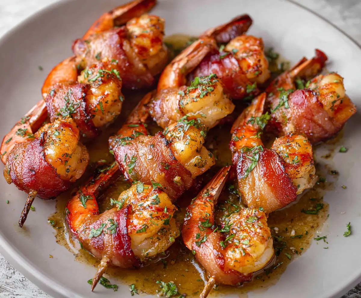 Delicious bacon-wrapped shrimp appetizer served on a plate, perfect for parties and gatherings.