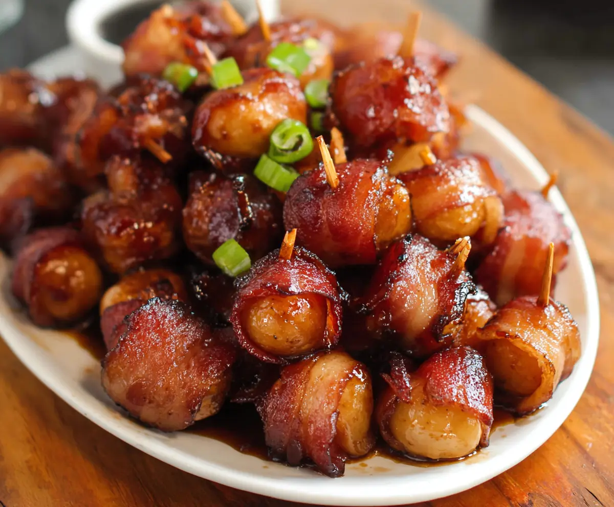 Crispy bacon wrapped water chestnuts on a serving platter, garnished with herbs, perfect for appetizer dishes.