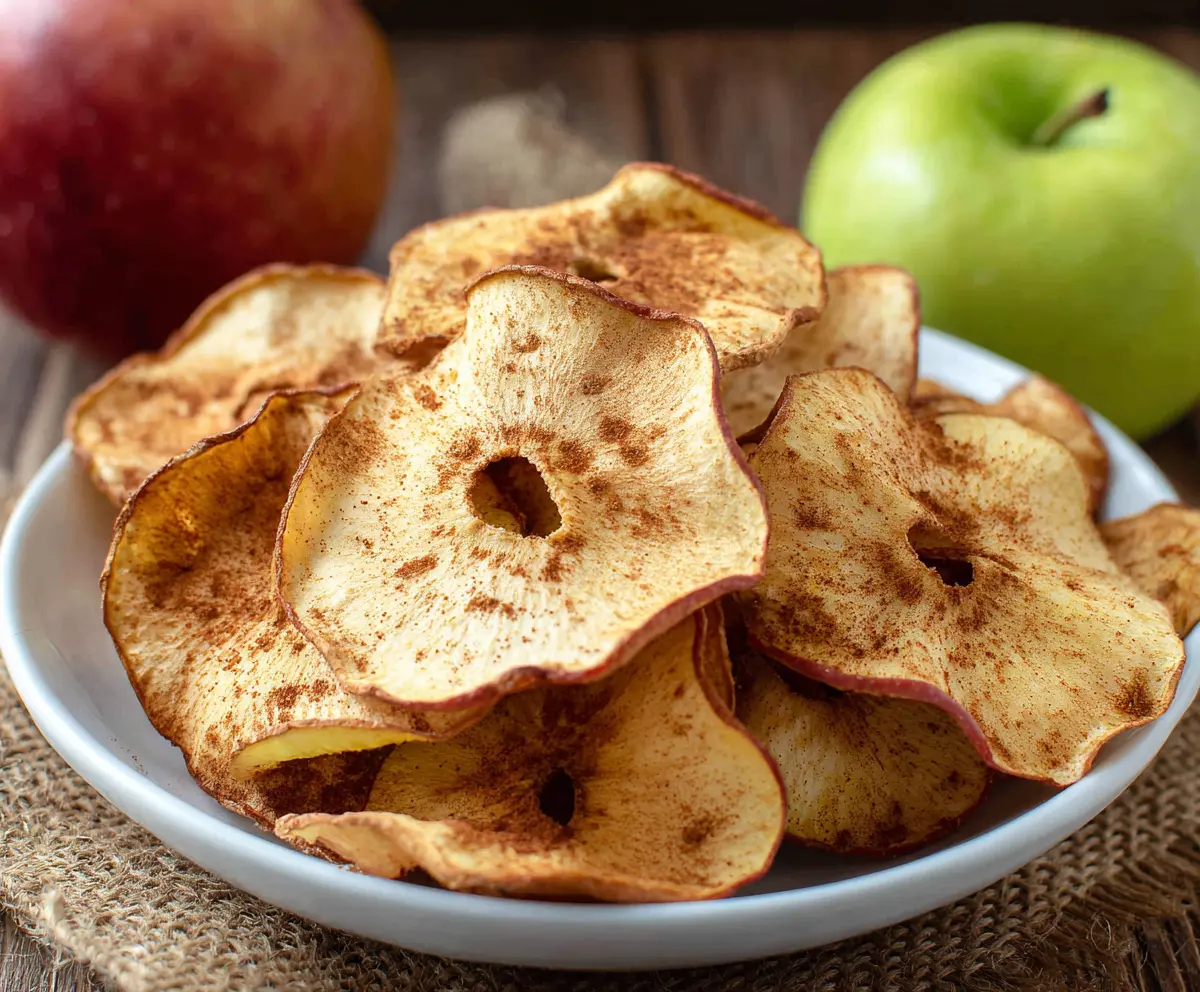 Crispy baked apple chips on a white plate, ready to serve as a healthy snack