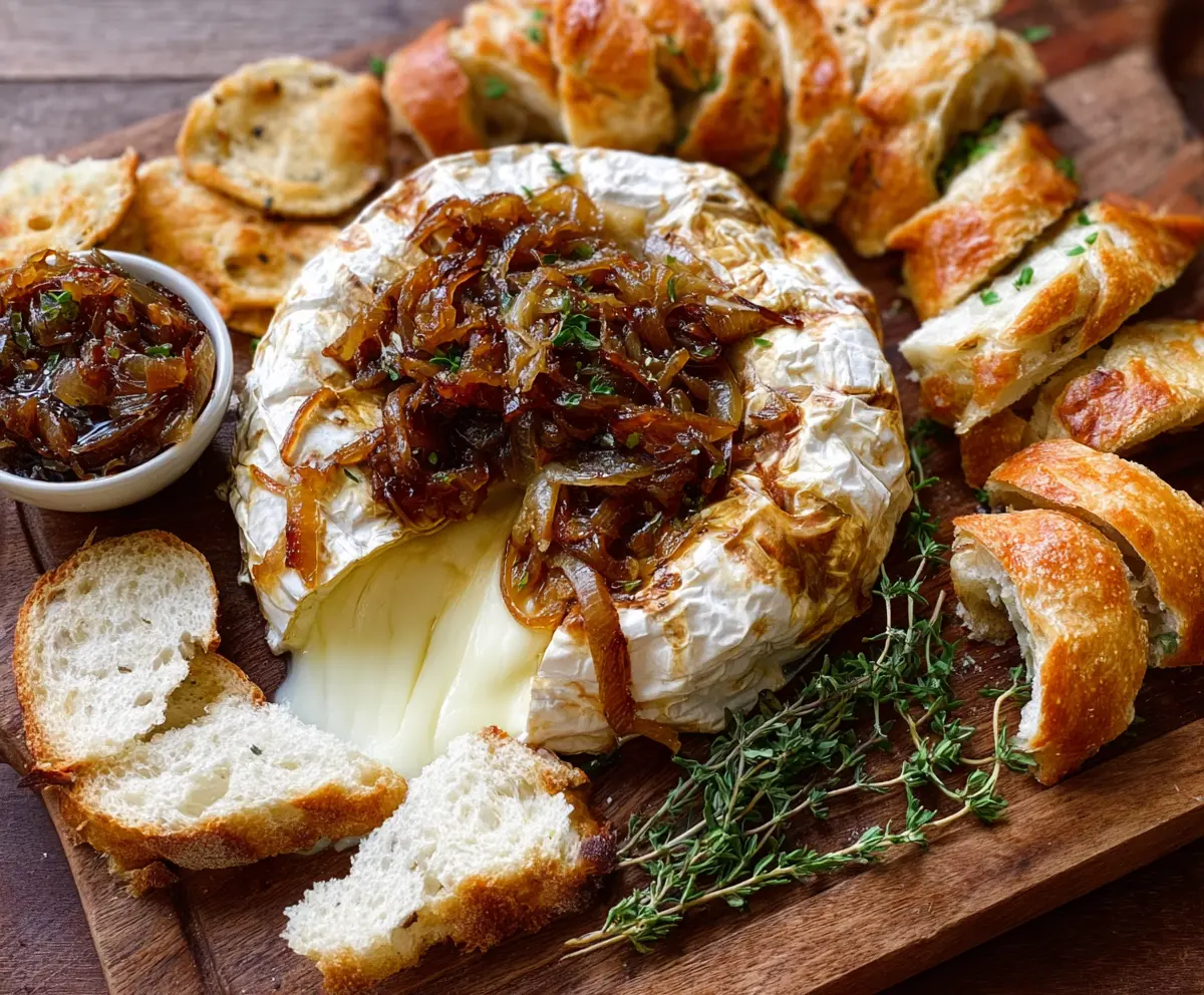 Delicious Baked Brie topped with sweet caramelized onions, perfect for appetizers or entertaining.