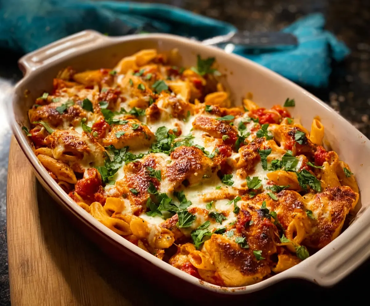 Delicious baked chicken mozzarella pasta topped with melted cheese and fresh herbs.