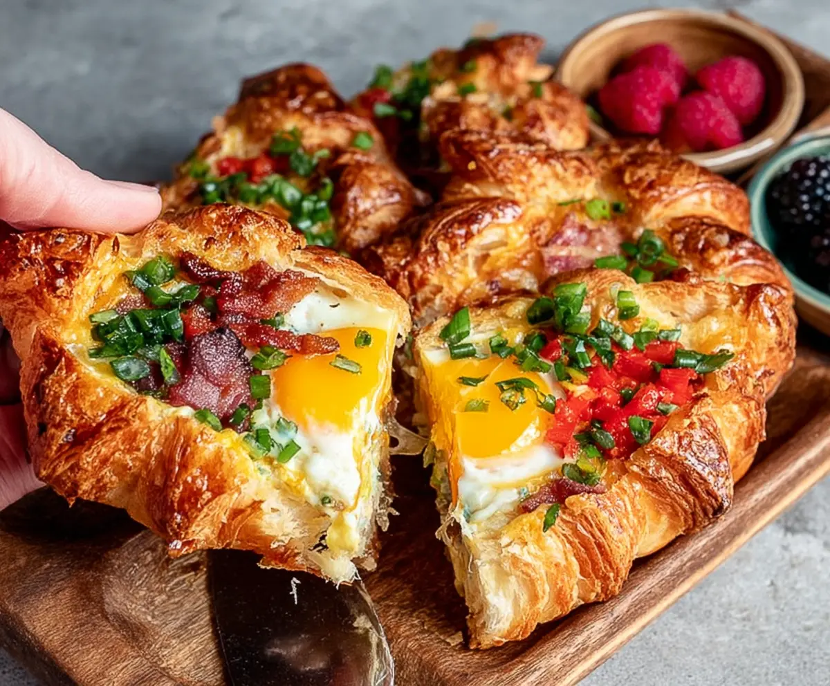 Delicious baked croissant breakfast boats filled with eggs, cheese, and vegetables for a tasty morning meal.