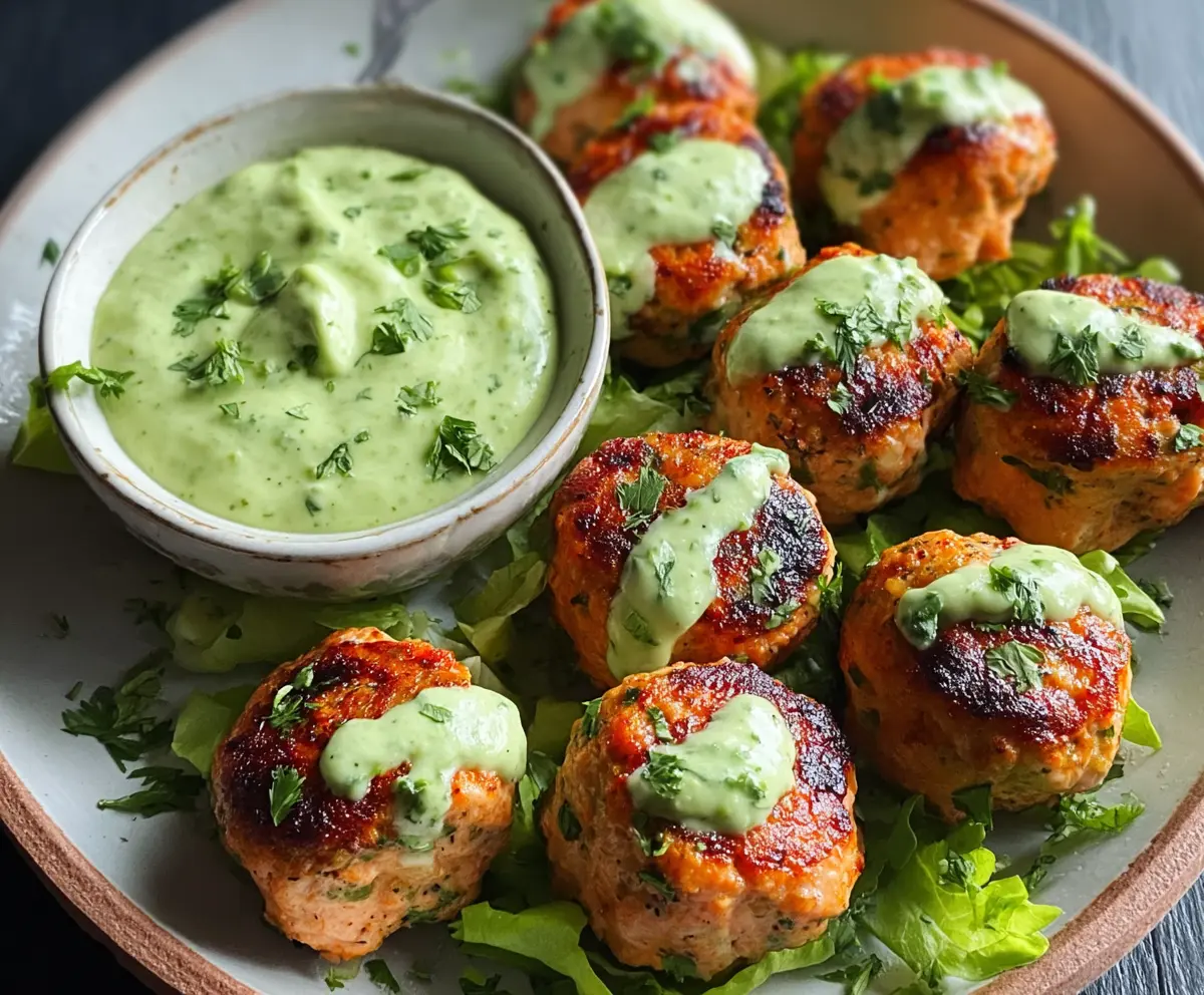 Delicious baked salmon meatballs topped with a fresh tangy avocado sauce on a white plate.