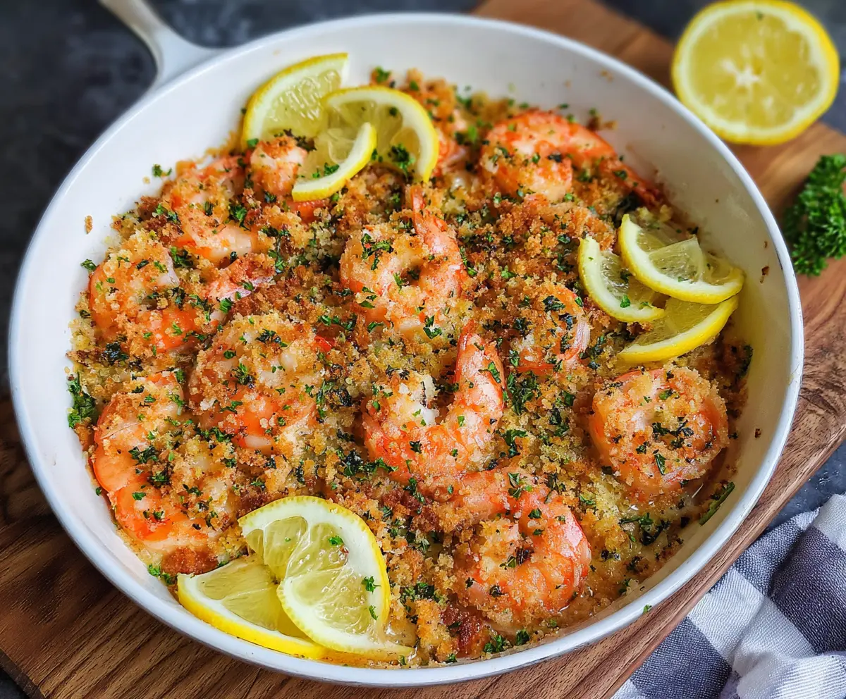 Delicious baked shrimp scampi topped with golden breadcrumbs on a plate.