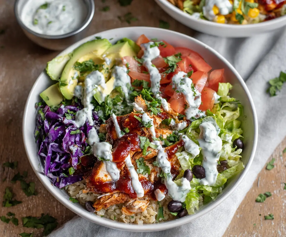 Delicious BBQ Chicken Ranch Bowl with grilled chicken, fresh vegetables, and creamy dressing