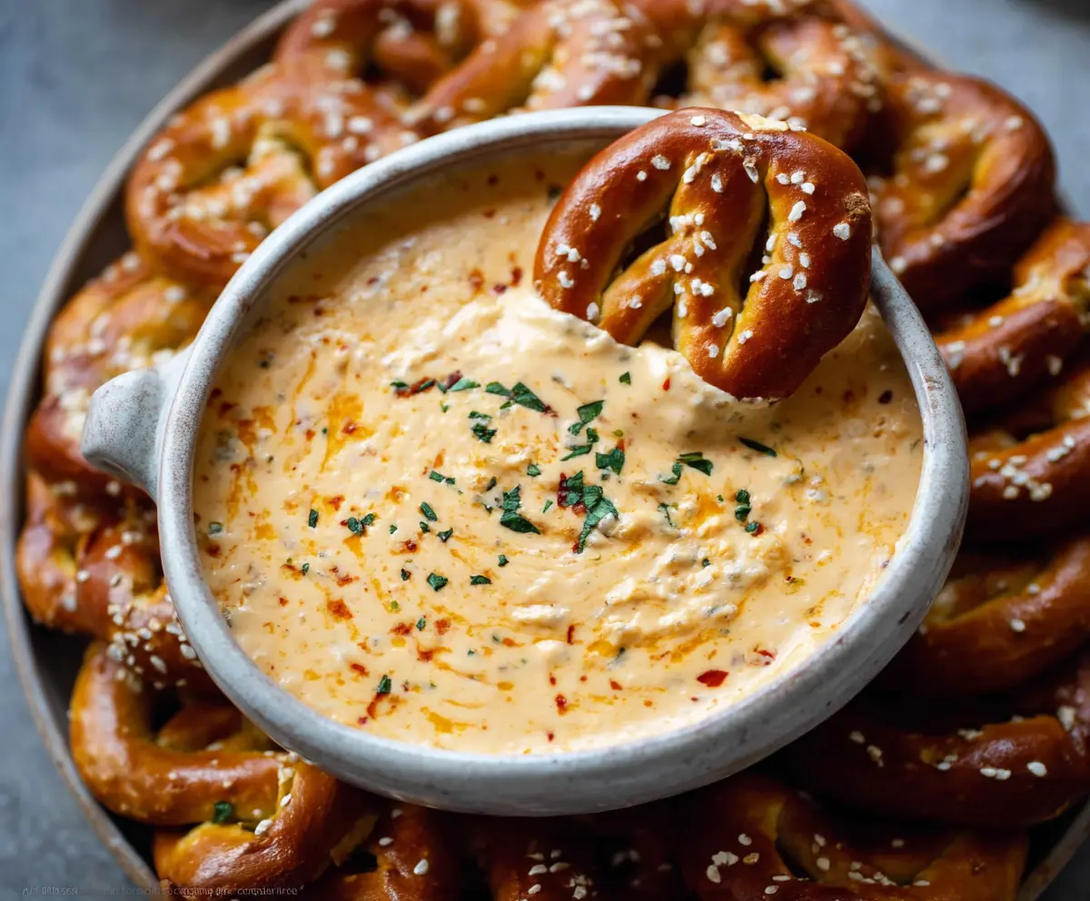 Creamy beer cheese dip served in a bowl with pretzels on a rustic wooden table.
