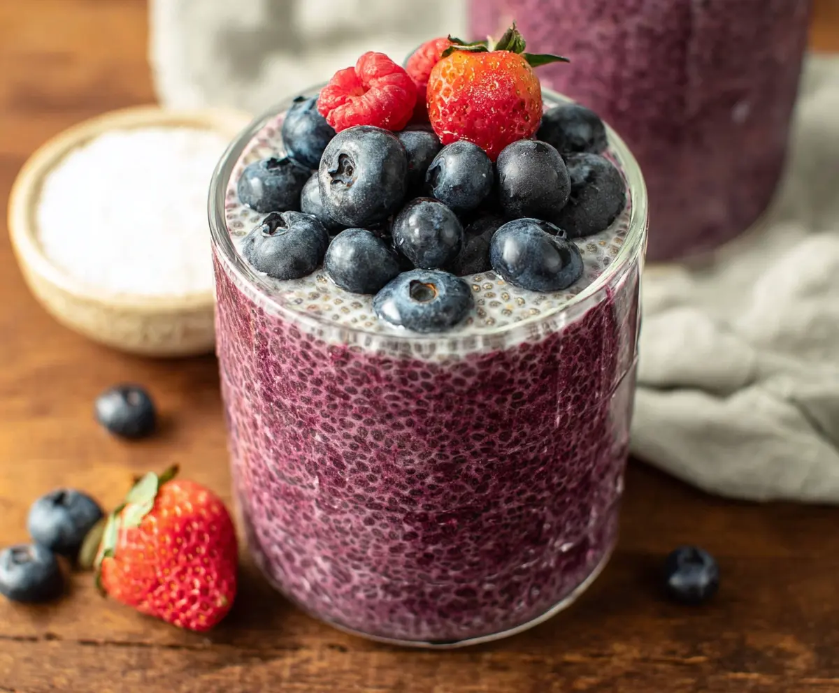 Delicious Berry Chia Seed Pudding topped with fresh berries and mint for a healthy breakfast