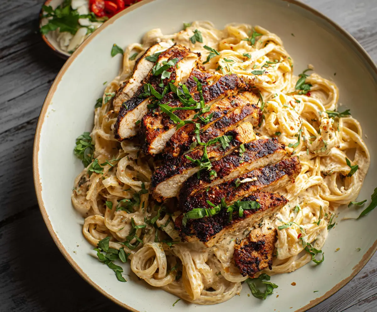 Creamy blackened chicken pasta garnished with fresh herbs on a white plate.