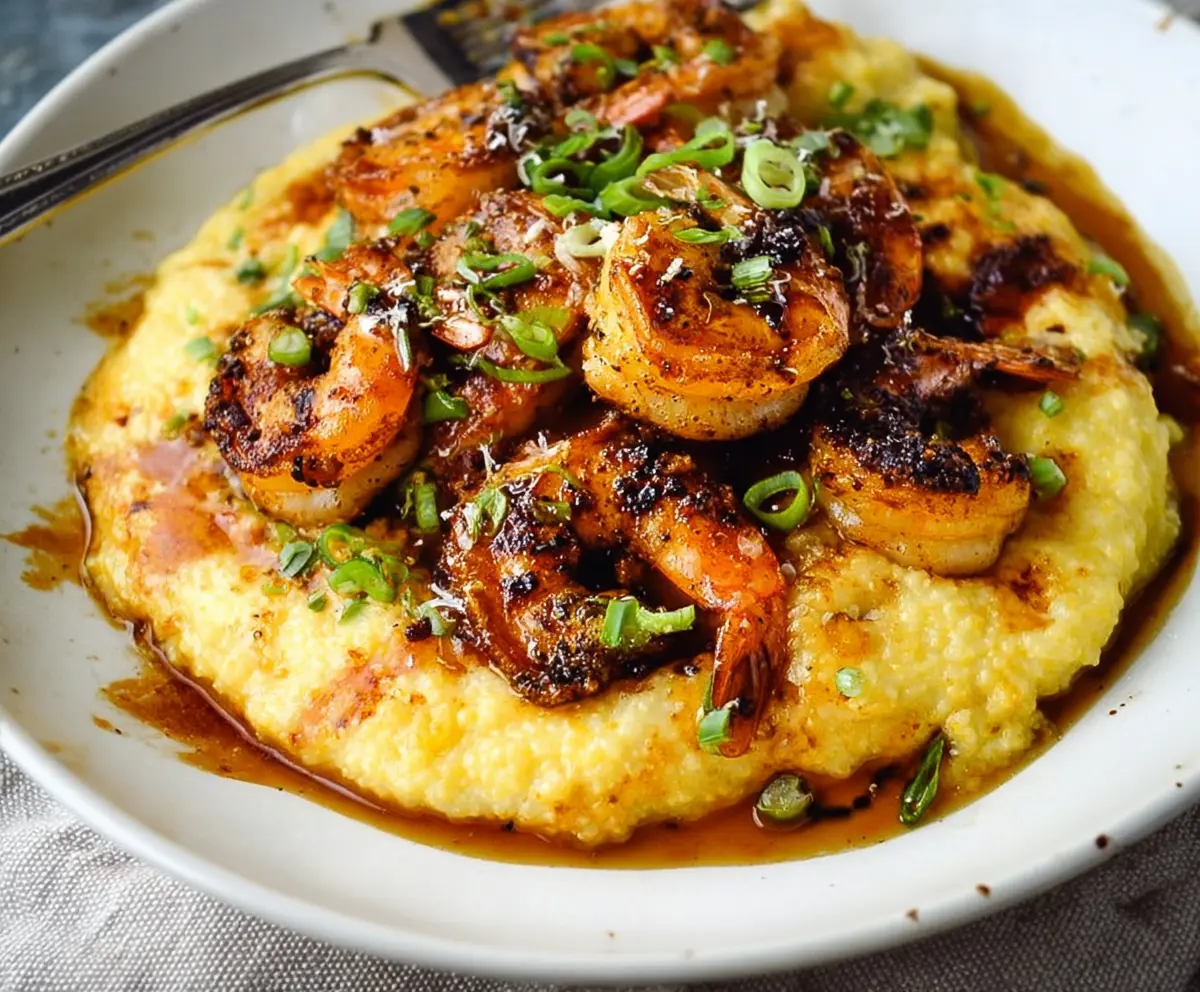 Delicious blackened shrimp served over creamy cheesy grits, perfect for a Southern-inspired meal.