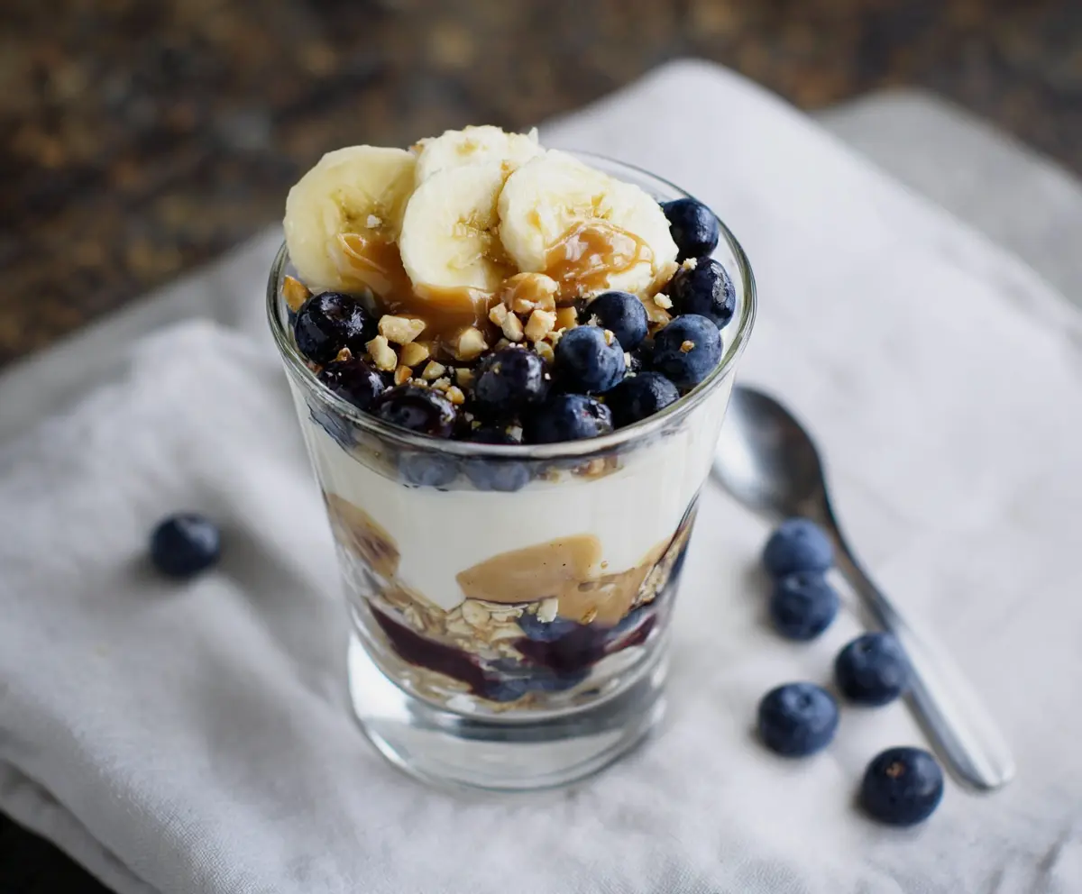 Layered blueberry, banana, and yogurt parfait in a glass, colorful and nutritious breakfast option.