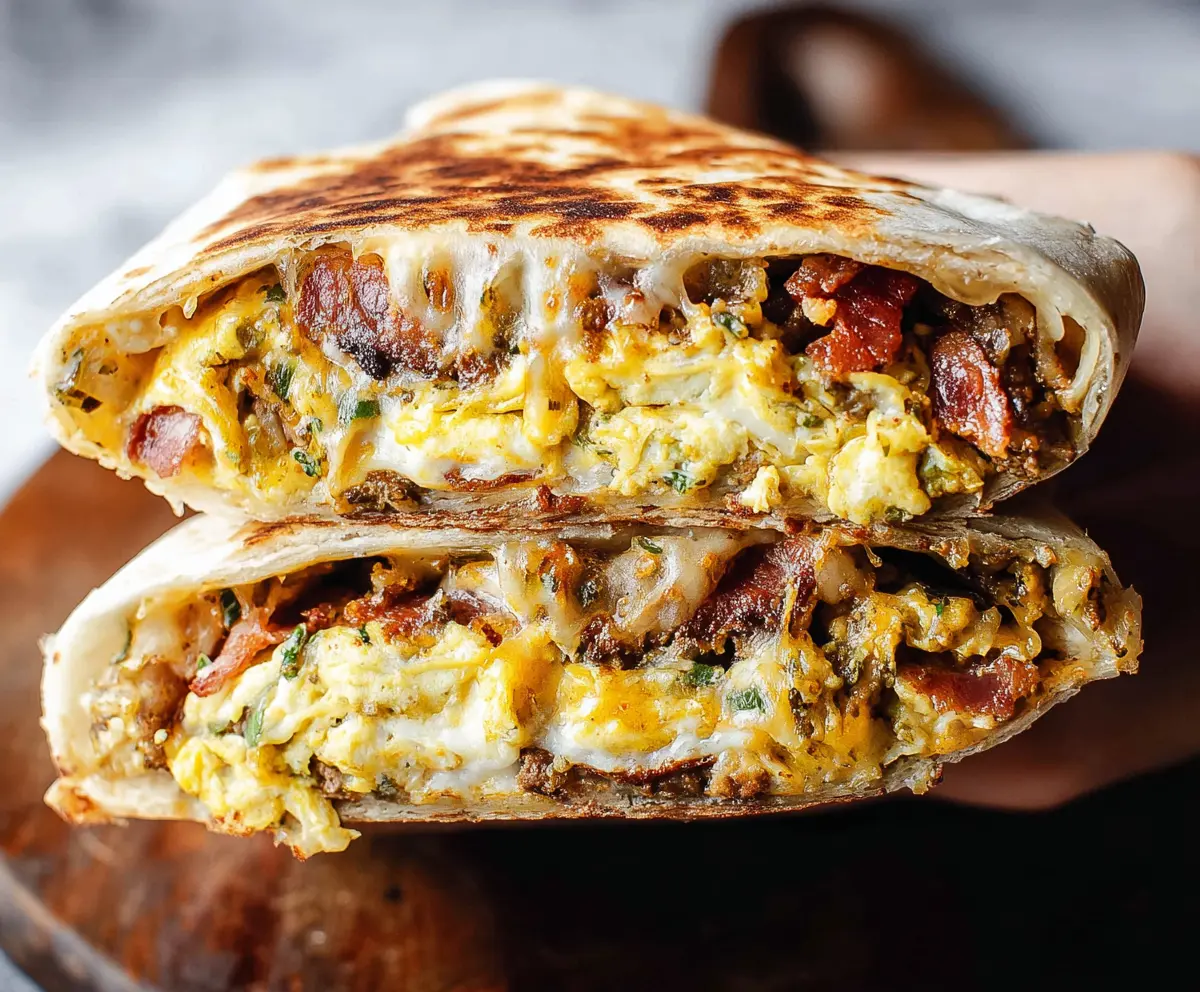 Delicious Breakfast Crunchwrap filled with eggs, cheese, and breakfast meats.