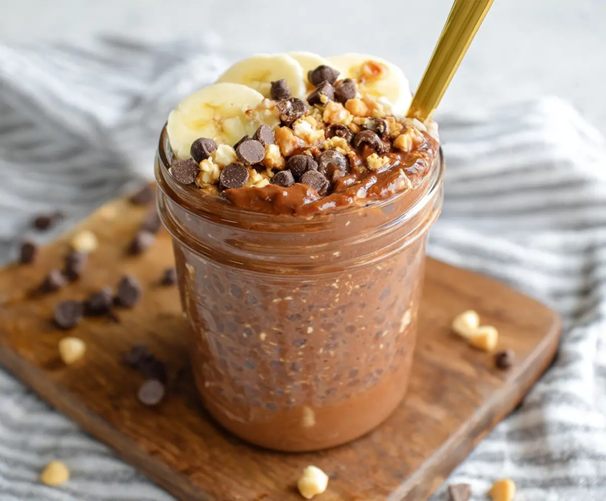 Delicious brownie batter overnight oats in a glass jar topped with chocolate chips and fresh berries.