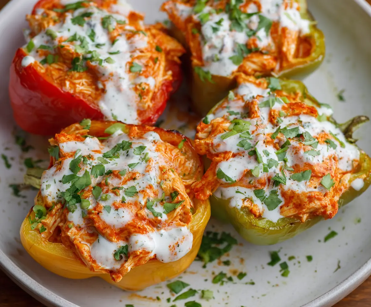 Buffalo chicken stuffed peppers topped with melted cheese and fresh herbs, served as a spicy appetizer or main dish.