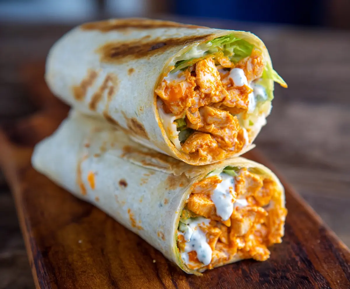 Delicious Buffalo Chicken Wrap with crispy chicken tenders, fresh lettuce, and creamy ranch sauce served in a soft wrap.