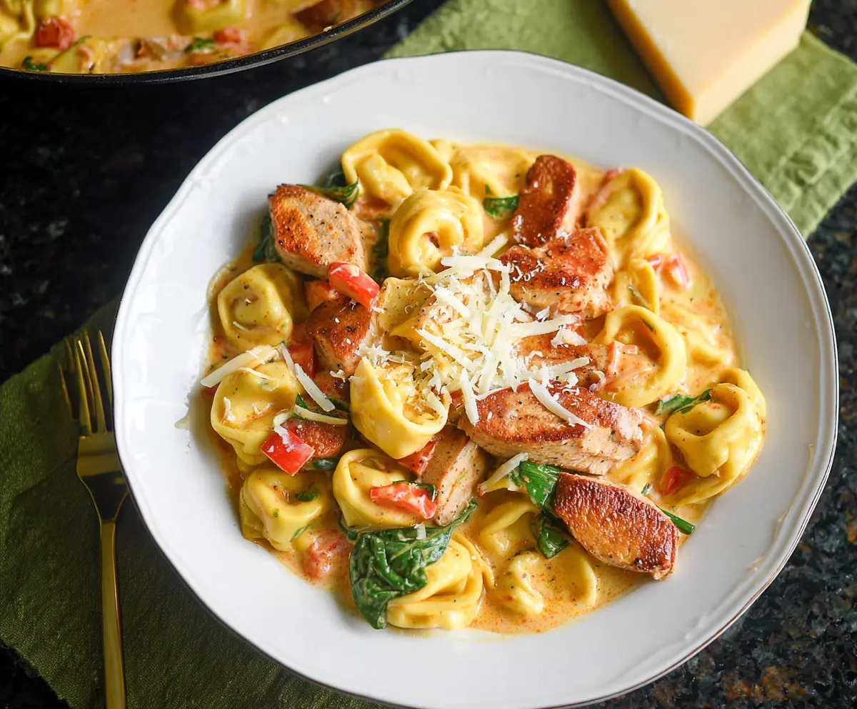 Delicious Cajun Chicken Tortellini pasta dish with spicy seasoning and creamy sauce