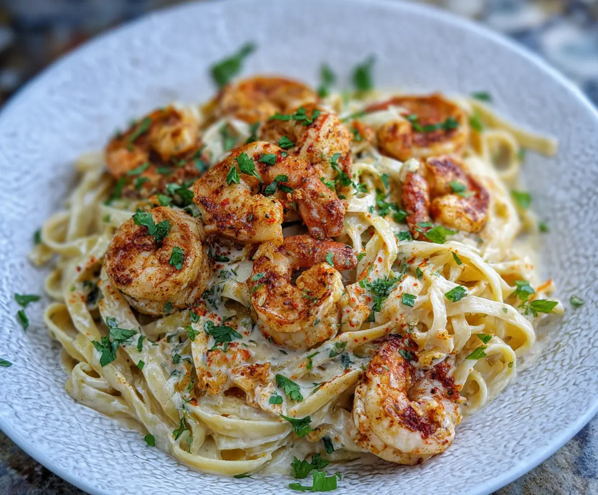 Delicious Cajun Shrimp Alfredo served on a plate with creamy sauce and herbs
