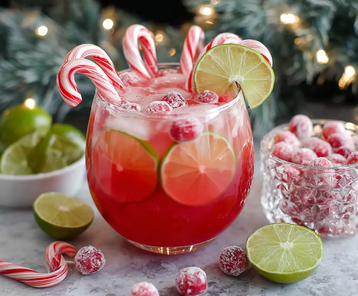 Festive Candy Cane Punch Mocktail in a clear glass with colorful candy canes and holiday decorations