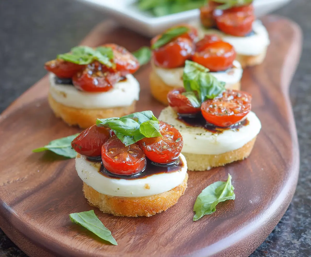 Delicious Caprese Bites with cherry tomatoes, fresh mozzarella, and basil on skewers.