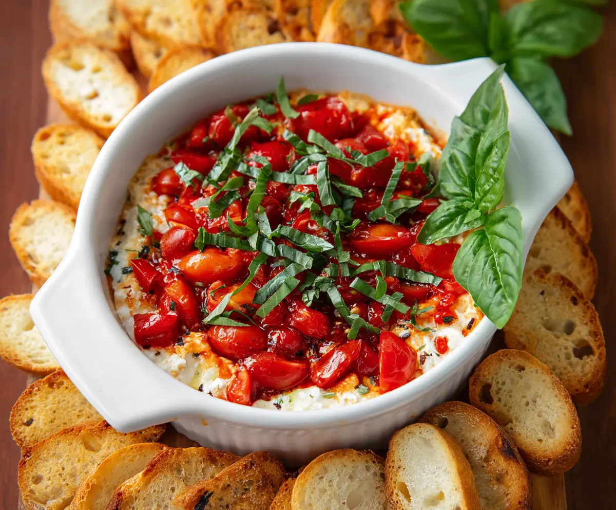Creamy Caprese Dip with fresh mozzarella, cherry tomatoes, and basil in a white bowl.