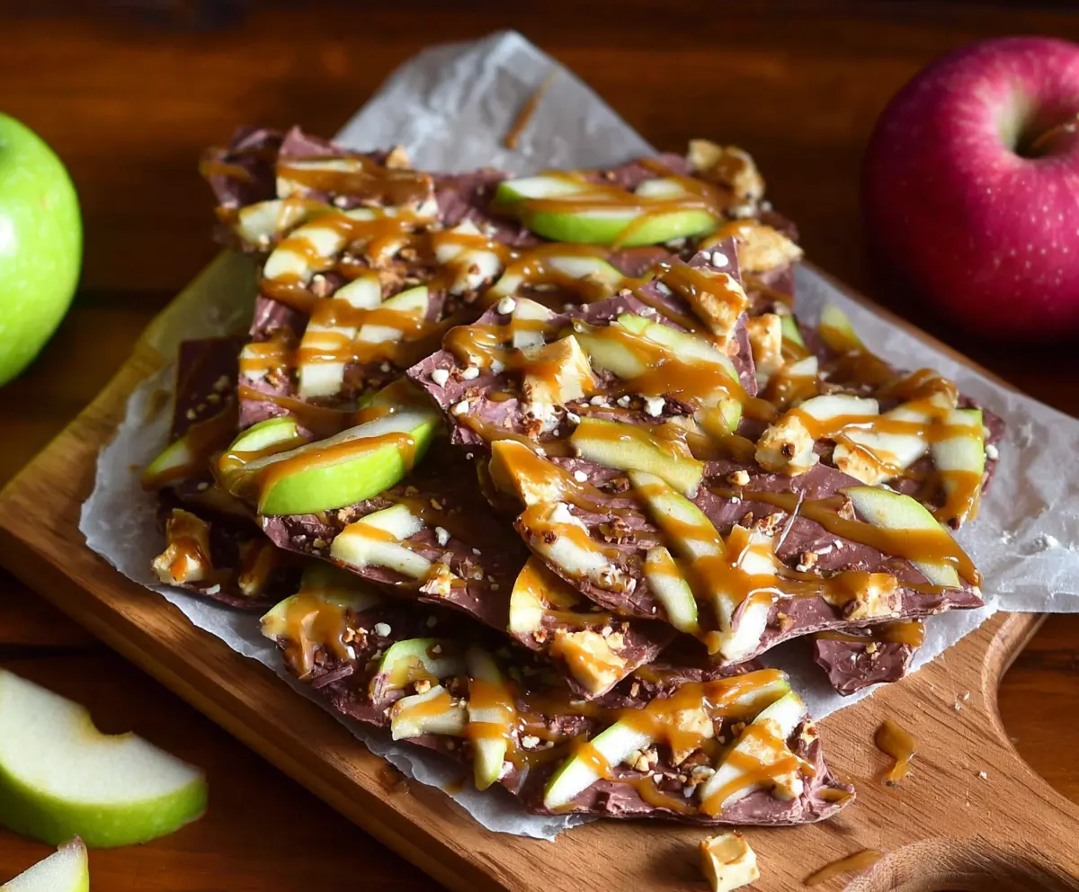 Delicious caramel apple bark with colorful candy toppings and a shiny glossy finish