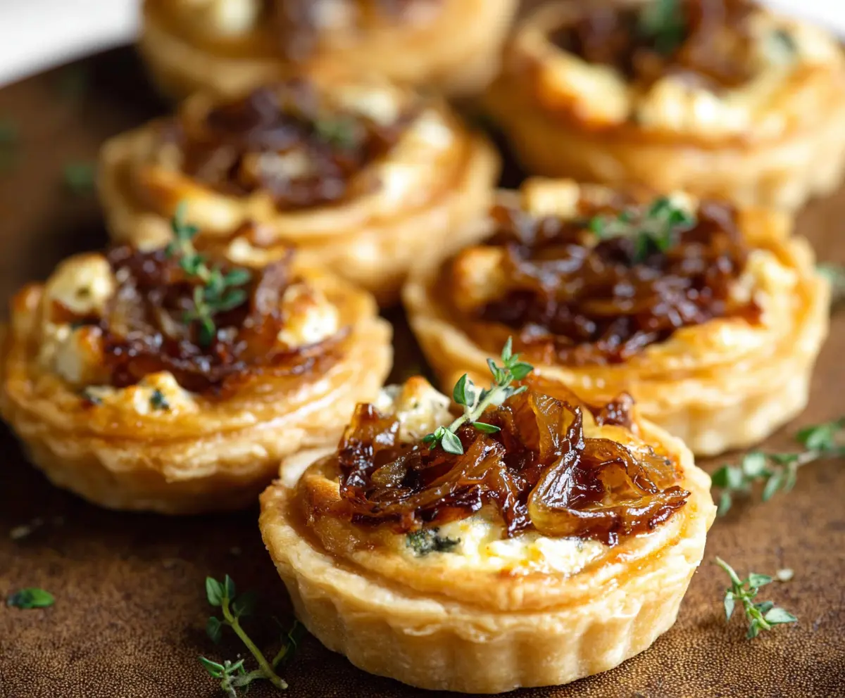 Delicious caramelized onion tartlets with golden crust and melted cheese on top.