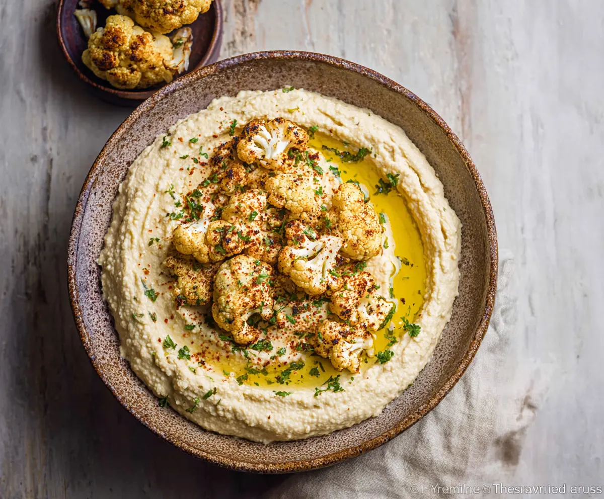 Creamy cauliflower hummus served with fresh vegetables for a healthy snack.