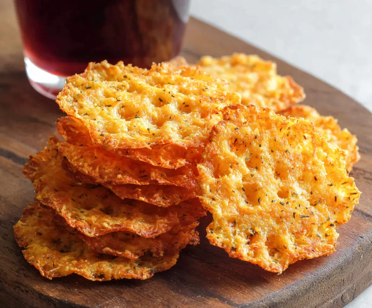 Crunchy cheddar cheese crisps on a white plate, perfect for a savory snack.
