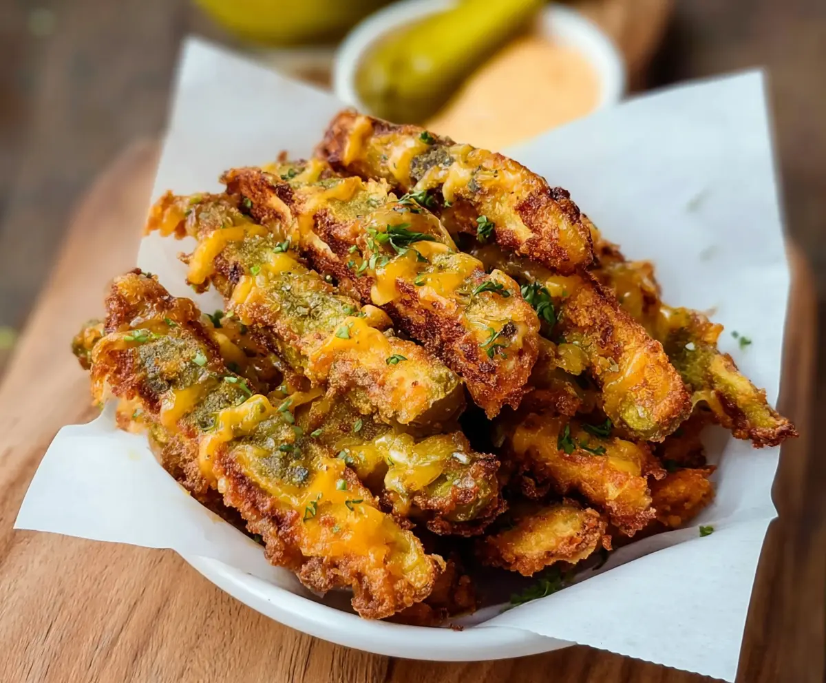 Golden cheddar pickle fries served with dipping sauce on a rustic plate