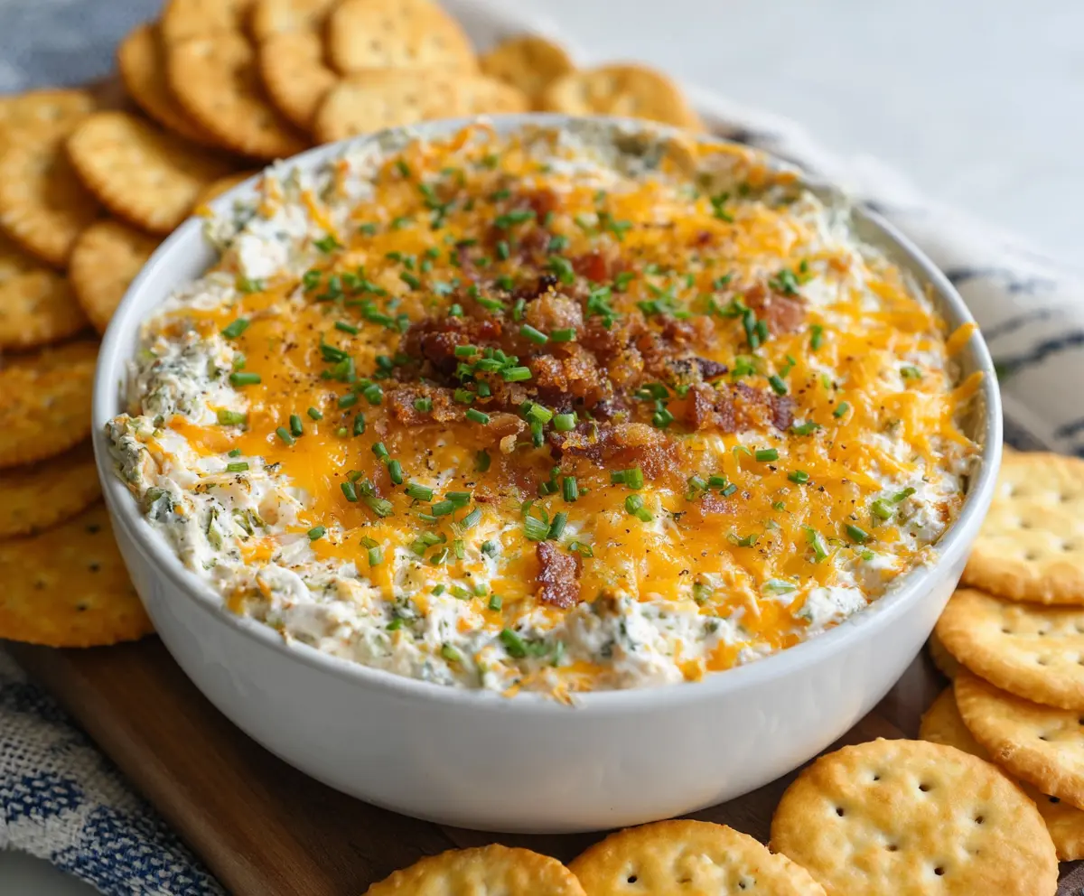 Creamy Cheddar Ranch Crack Dip served in a bowl with fresh herbs and crunchy chips.