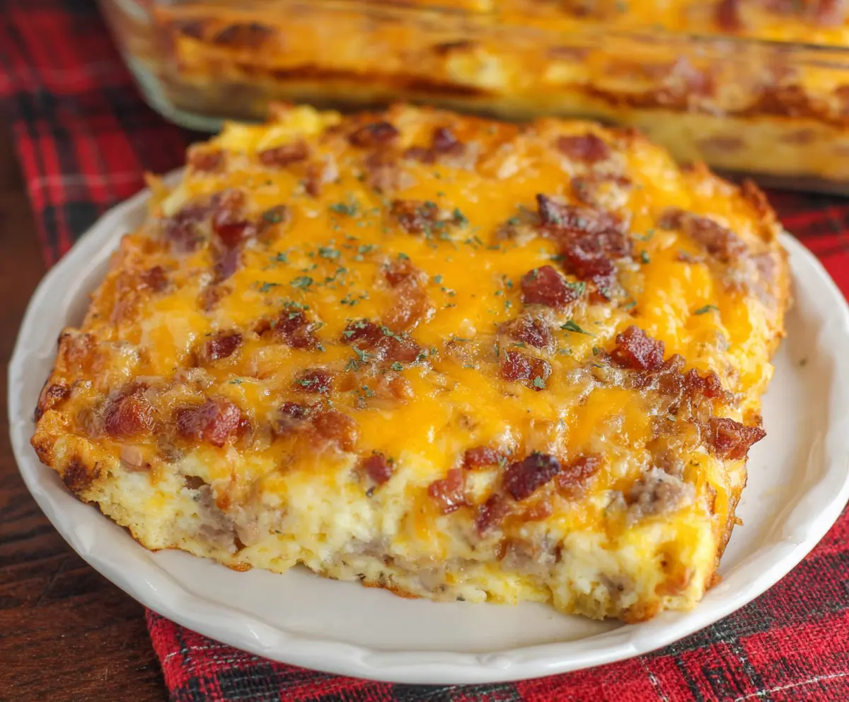 Delicious Cheesy Amish Breakfast Casserole with eggs, cheese, and breakfast meats in a baking dish.