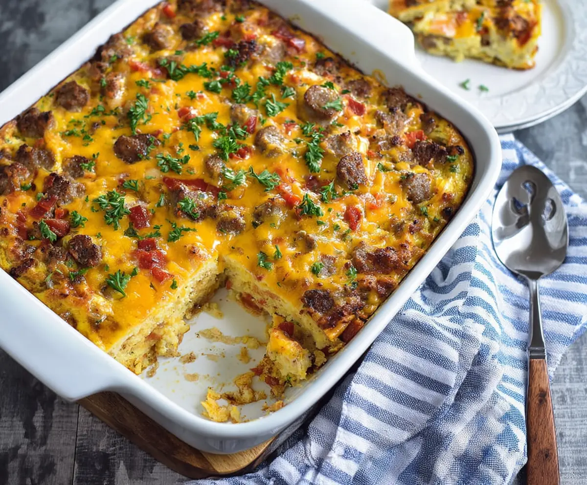 Delicious cheesy sausage breakfast casserole in a baking dish, perfect for a hearty morning meal.