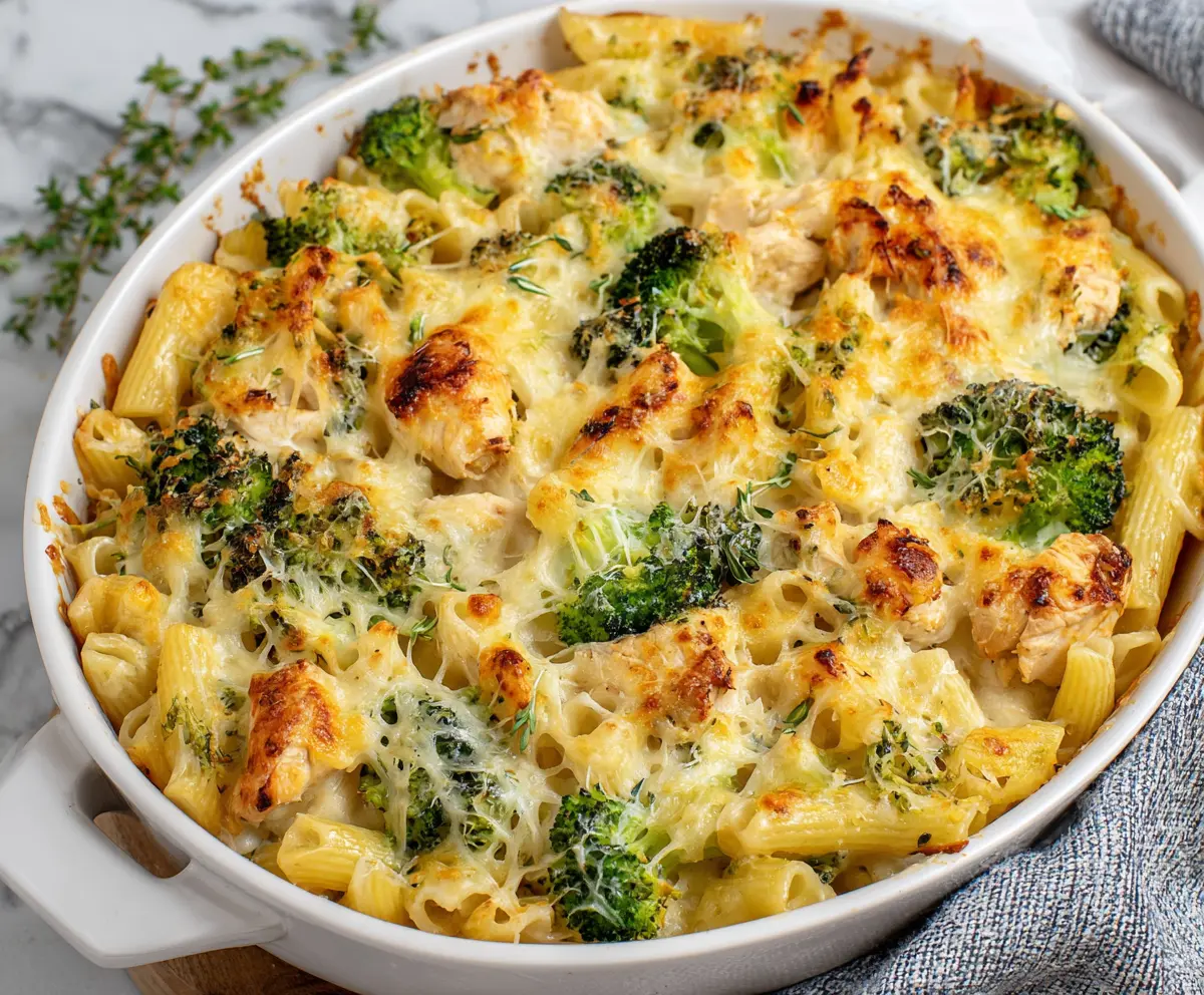 Baked chicken and broccoli pasta in a creamy cheese sauce, served hot on a white plate.