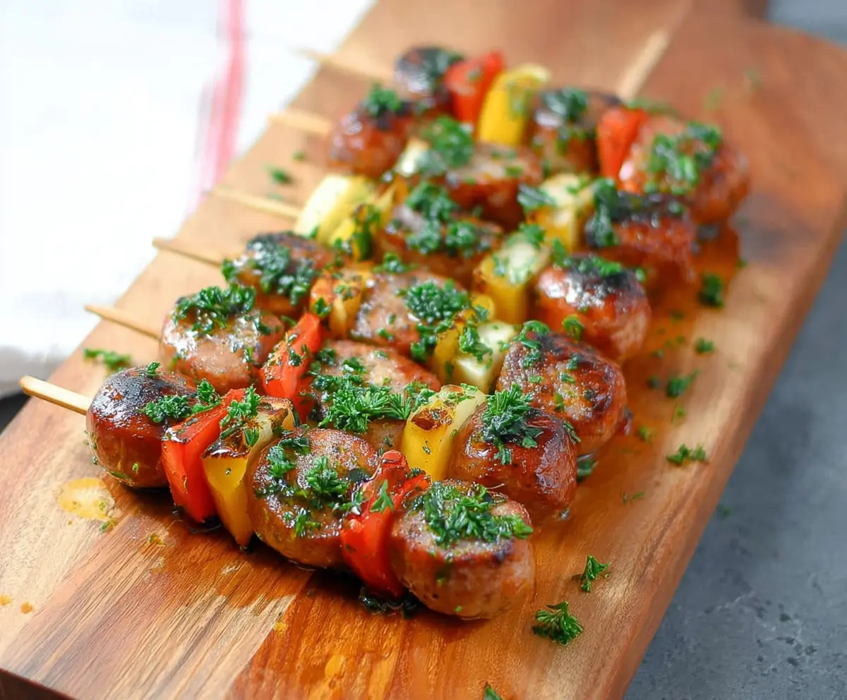 Delicious chicken apple sausage skewers grilled to perfection, served with fresh vegetables.