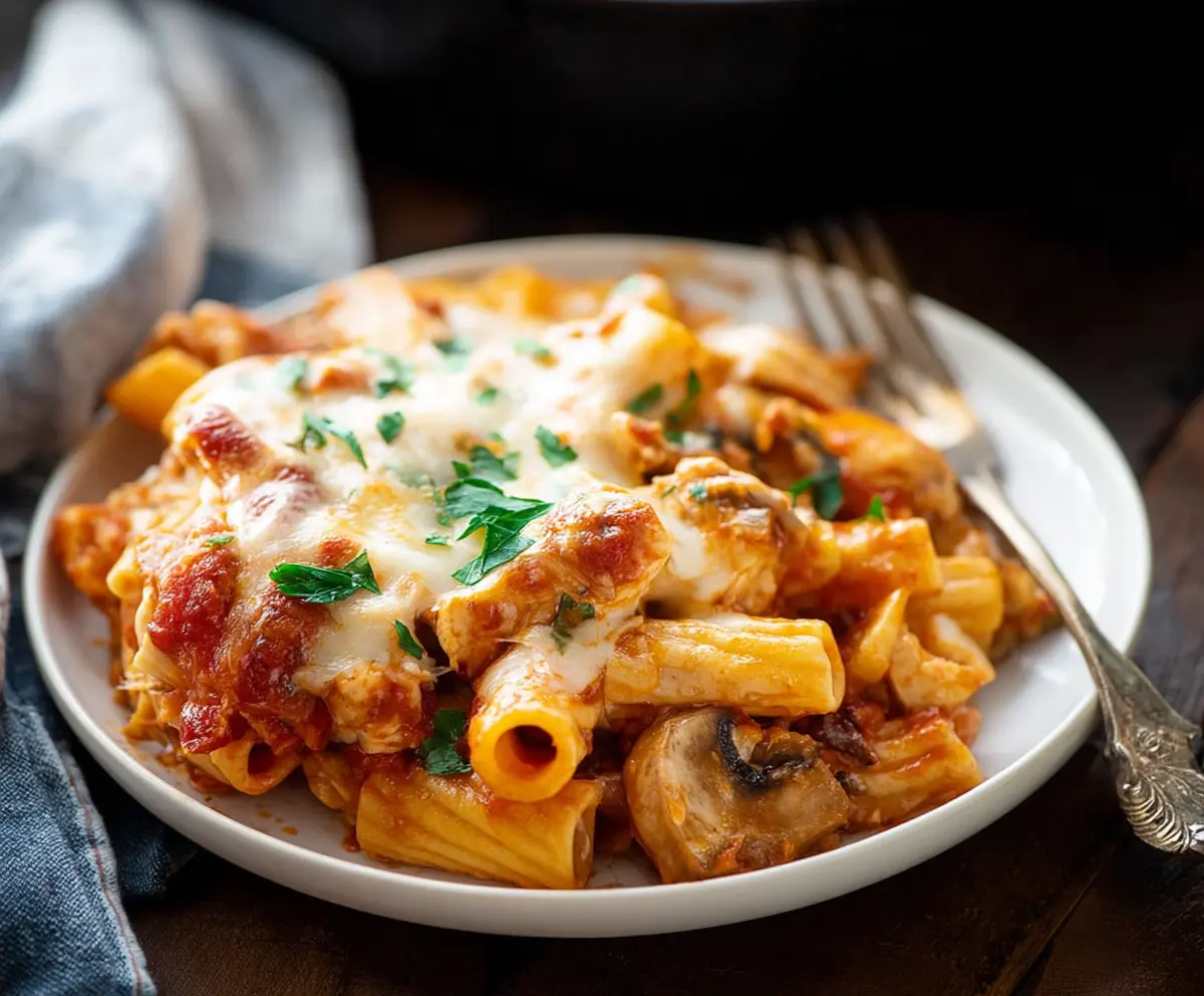 Delicious Chicken Rigatoni Pasta Bake with melted cheese and flavorful ingredients.