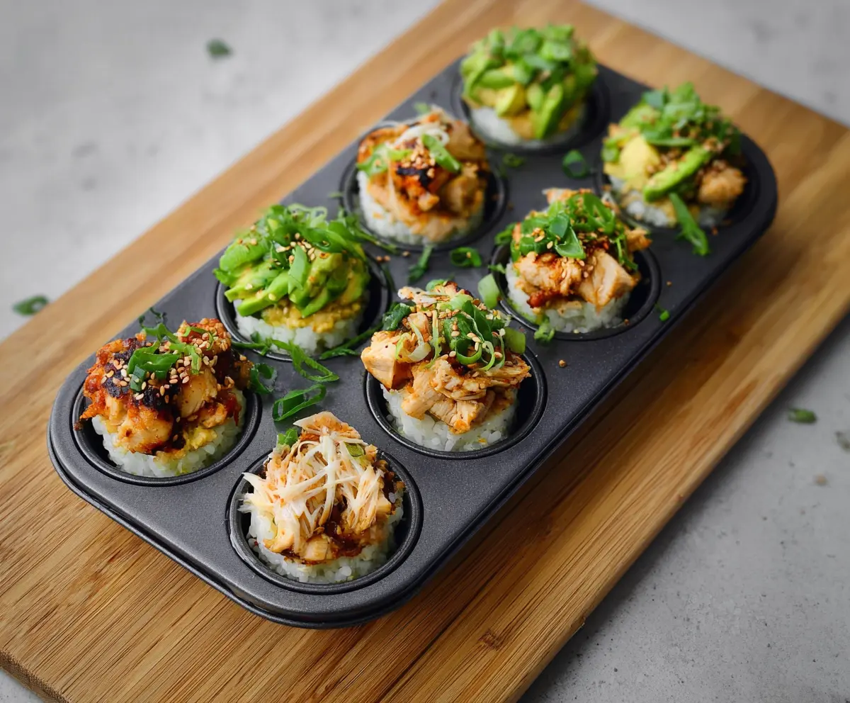 Delicious chicken sushi cups with fresh vegetables and rice served as an appetizer or snack