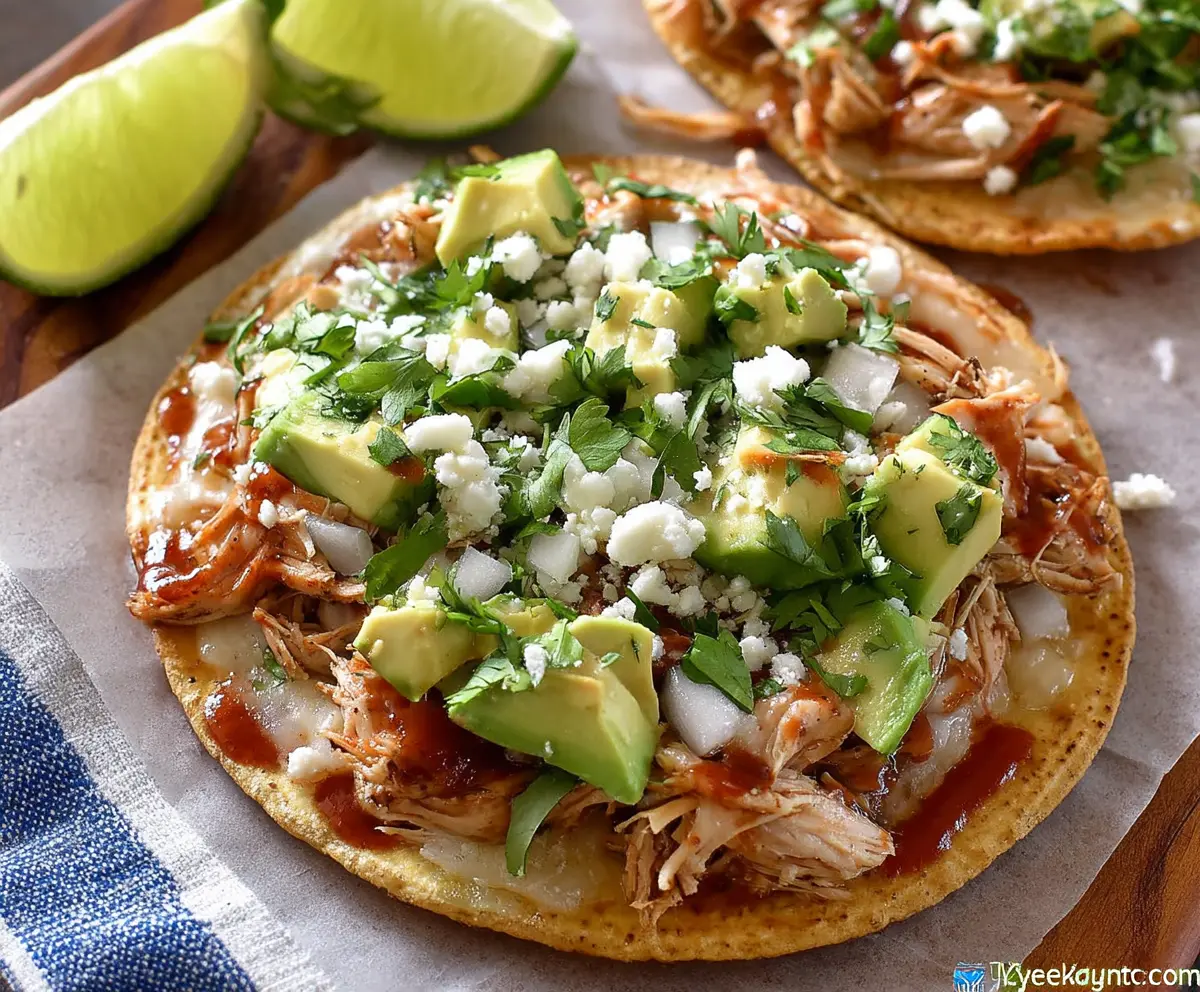 Delicious crispy chicken tostadas topped with fresh vegetables and melted cheese.