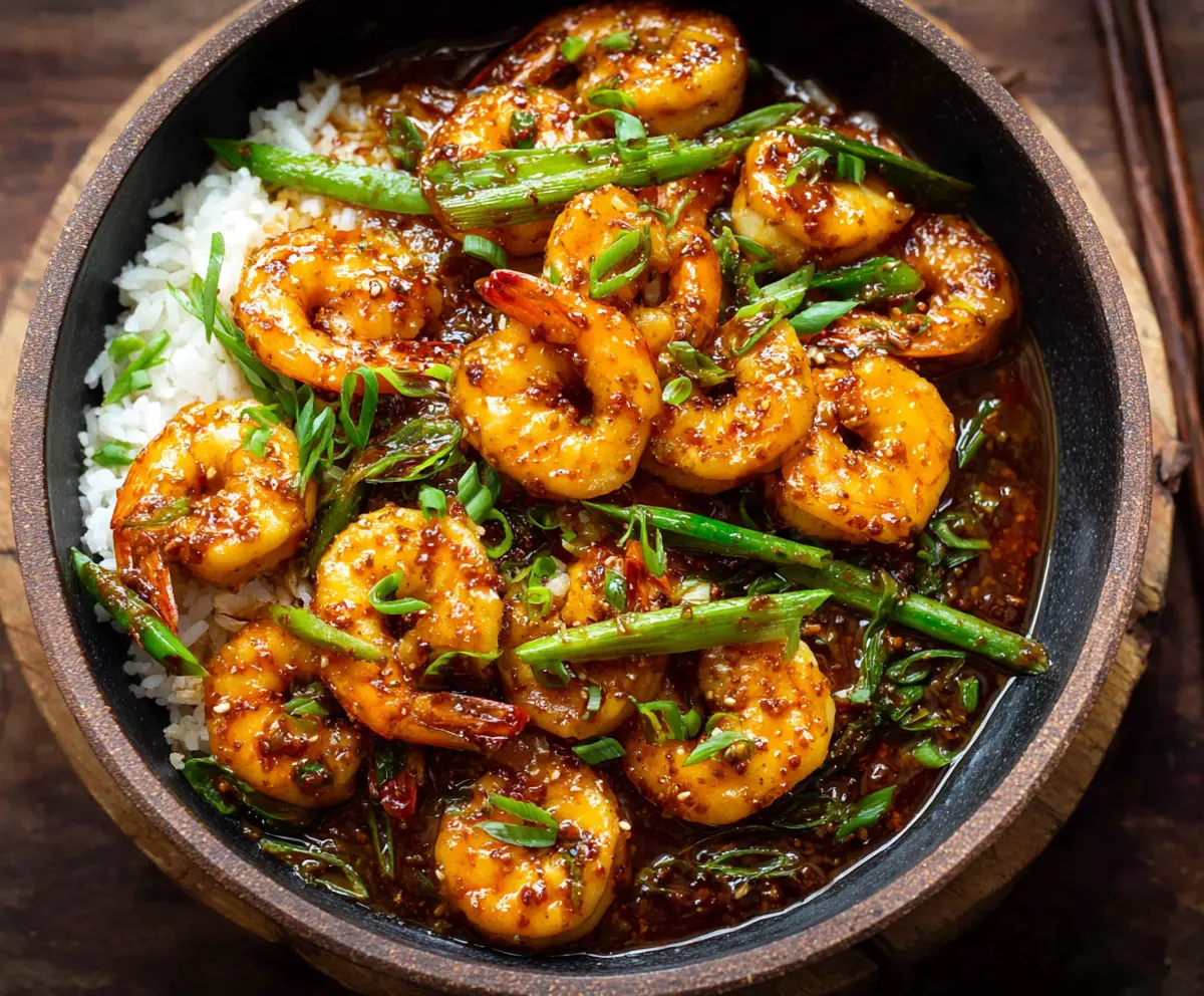 Delicious Chinese Hunan Shrimp with spicy and savory sauce on a plate