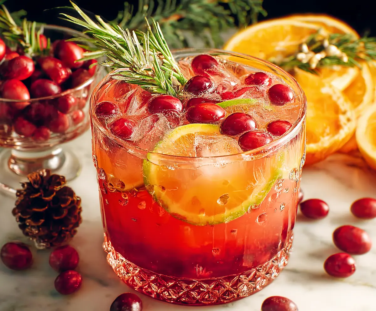 Festive Christmas Punch served in a glass bowl with colorful fruit garnishes for holiday celebration.