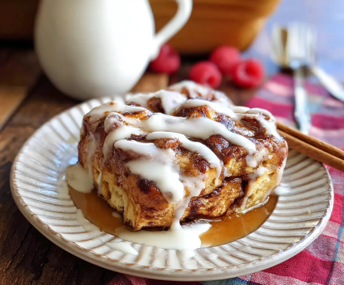 Delicious Cinnamon Roll French Toast Casserole topped with icing and cinnamon sugar in a baking dish