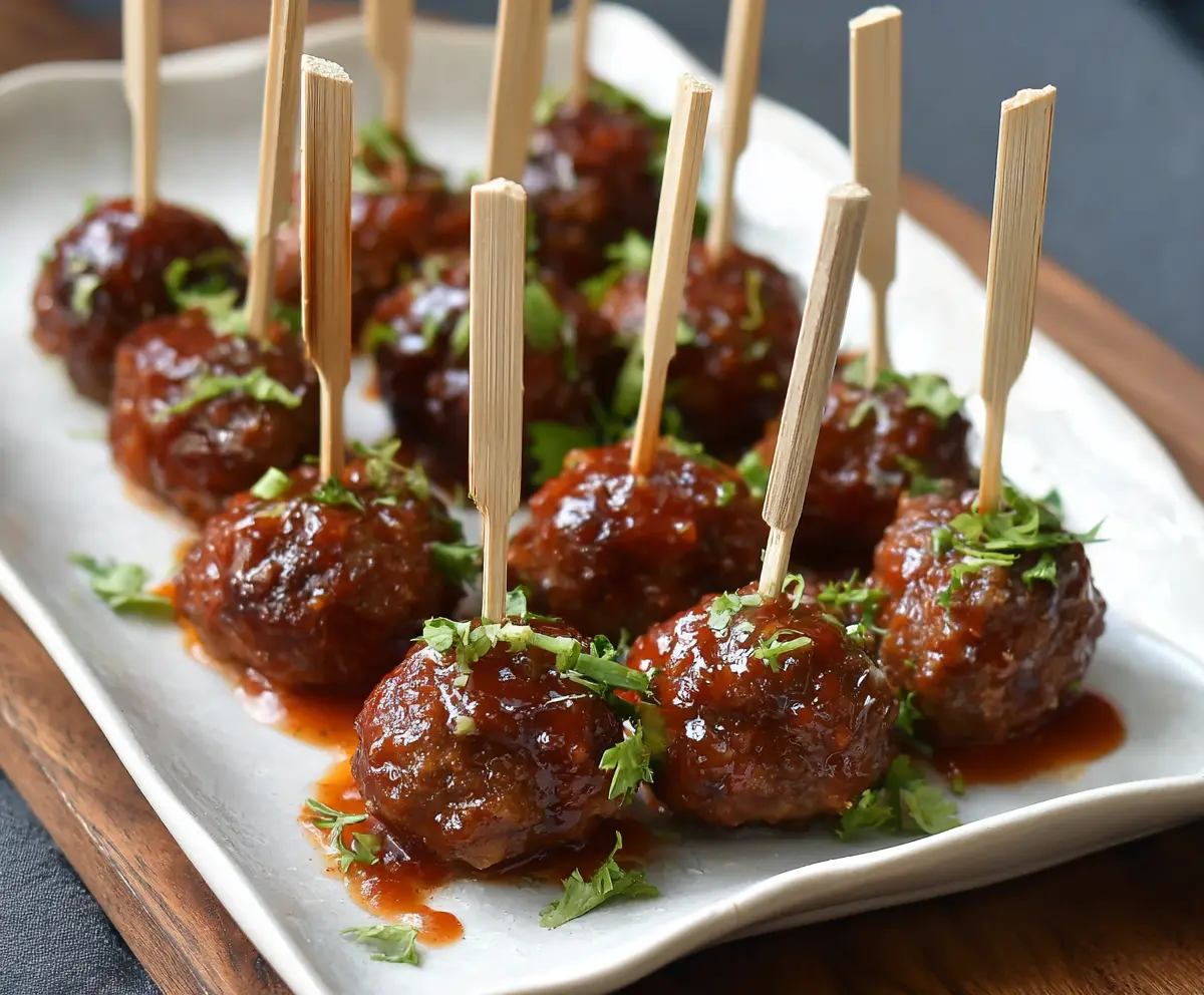 Delicious cocktail meatballs served on a platter with toothpicks, perfect for parties and appetizers.