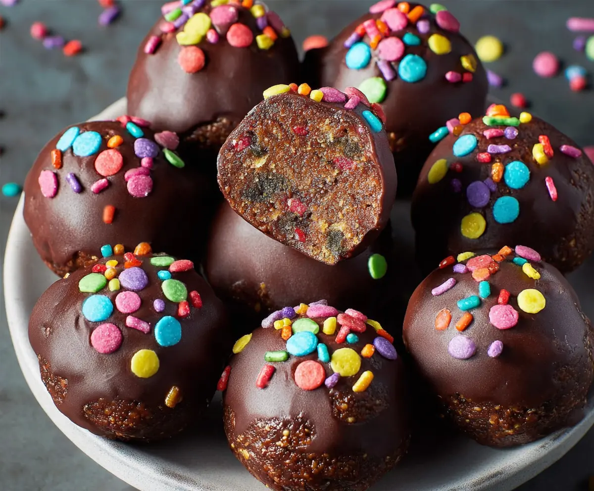 Delicious Cosmic Brownie Protein Bites with chocolate and rainbow sprinkles arranged on a plate.